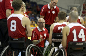 The Canadian Parapan Am Men's Wheelchair Basketball Team plays the United States in the gold medal game at the Toronto 2015 Parapan American Games on August 15, 2015 at the Ryerson Athletic Centre in Toronto.