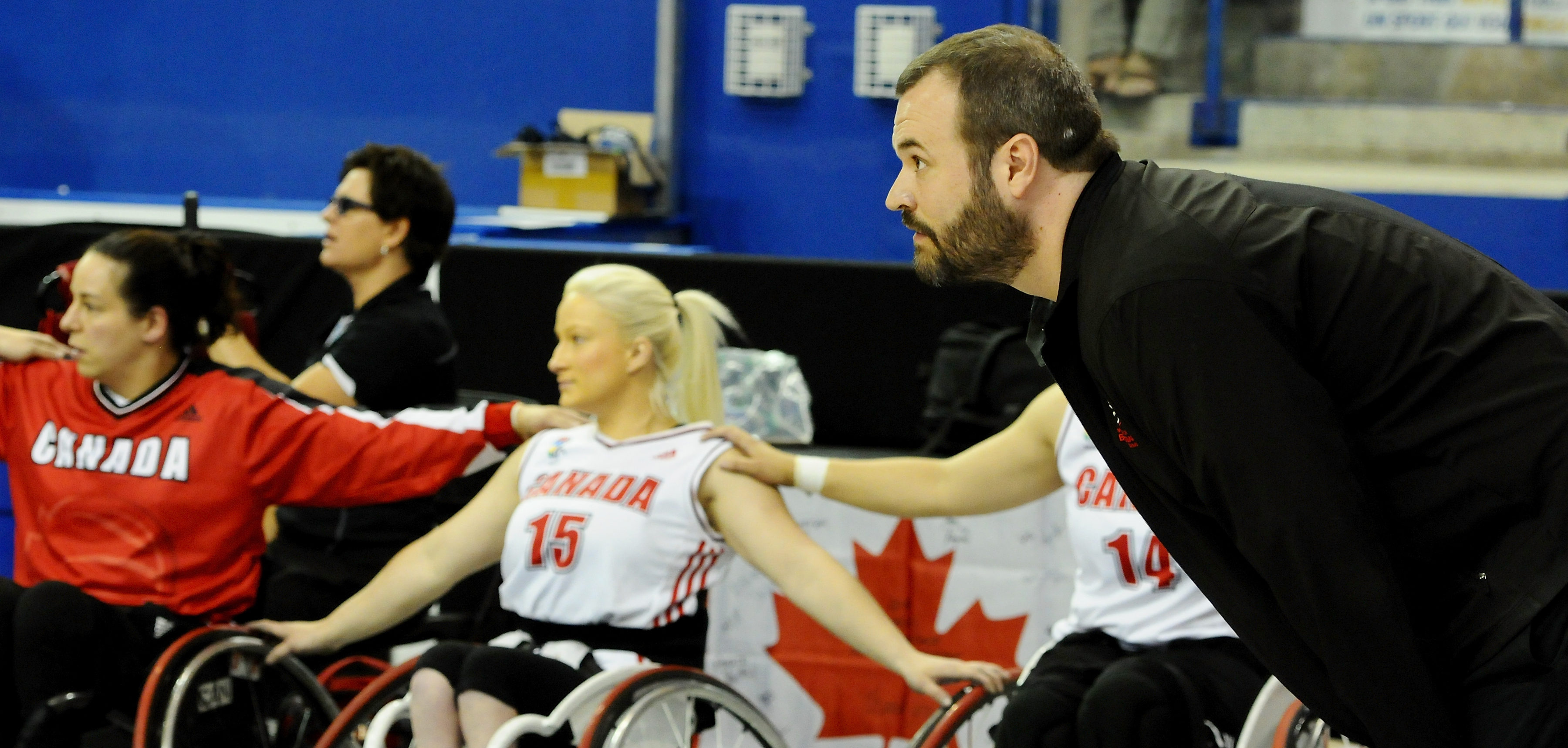 Head Coach Bill Johnson of Team Canada looks on anxiously in the dying seconds of a close game against Team Germany in the Gold Medal Game at the 2014 Women's World Wheelchair Basketball Championships in Toronto, Ontario, Canada.