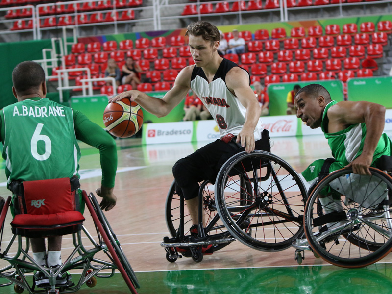 RIO DE JANEIRIO 09/14/16 - The Canadian men's wheelchair basketball team plays against Algeria in their final match of the Rio 2016 Paralympics Games to qualify for 11th place. (Photo by Lindsay Crone/Wheelchair Basketball Canada)